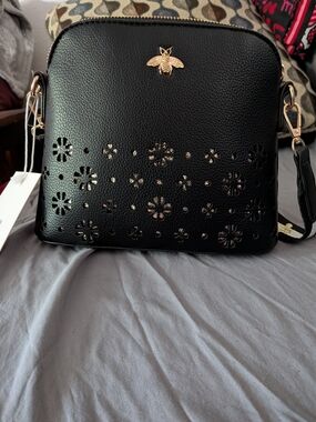 Black Crossbody Bag with Gold Bee Accent - Women's Bag